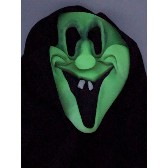 Halloween Goblin Ghost Face Mask Silly Grin Smile Teeth Glows In Dark Blk Shroud - Picture 1 of 10